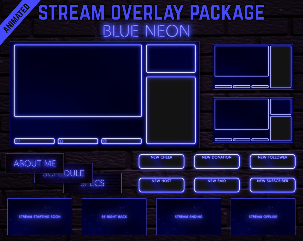 Twitch Overlay Package With Neon Lights in Blue Colors