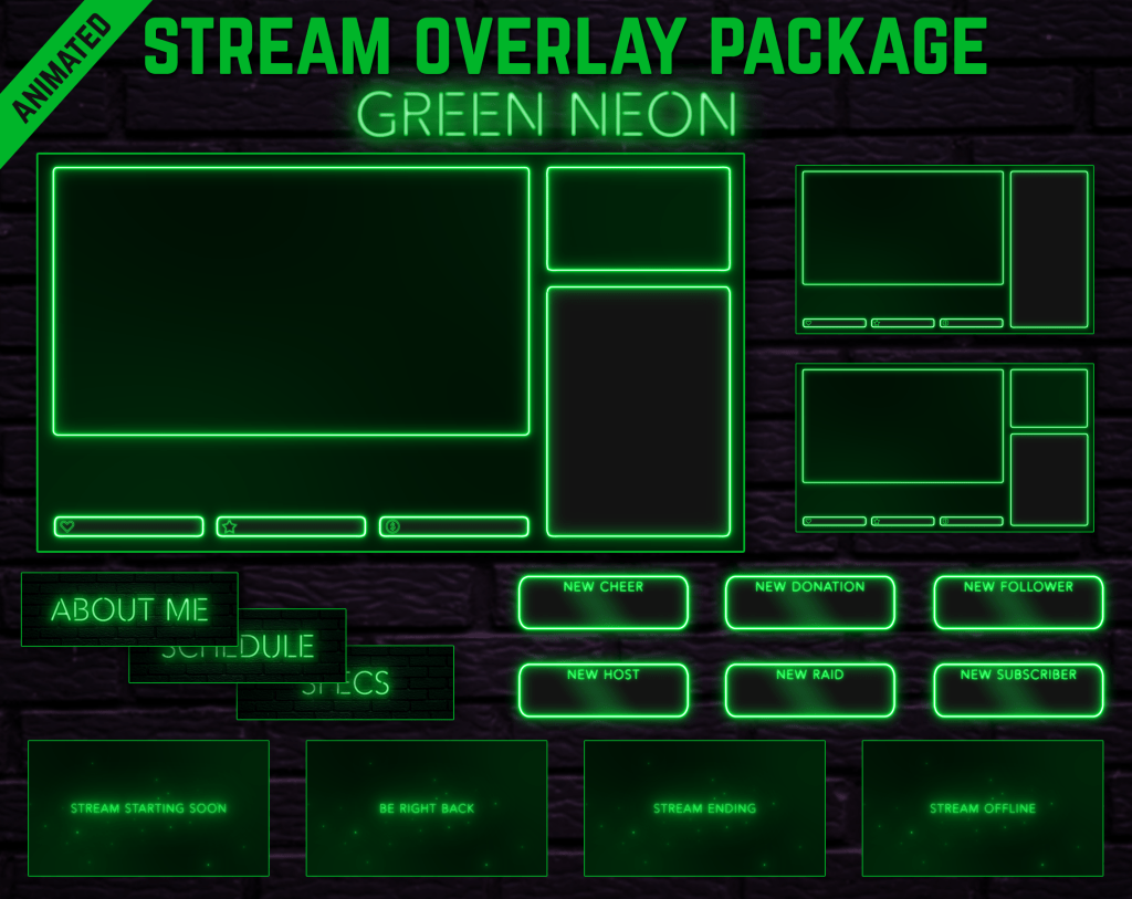 Twitch Overlay Package With Neon Lights in Green Colors
