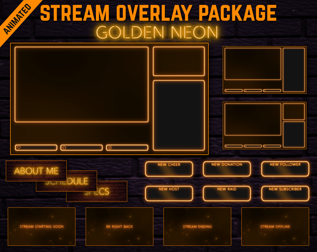 Twitch Overlay Package With Neon Lights in Gold Colors