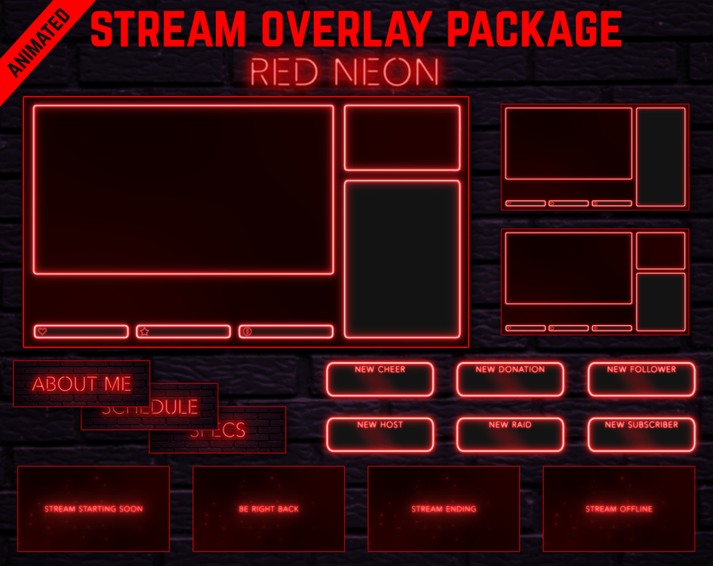 Twitch Overlay Package With Neon Lights in Red Colors