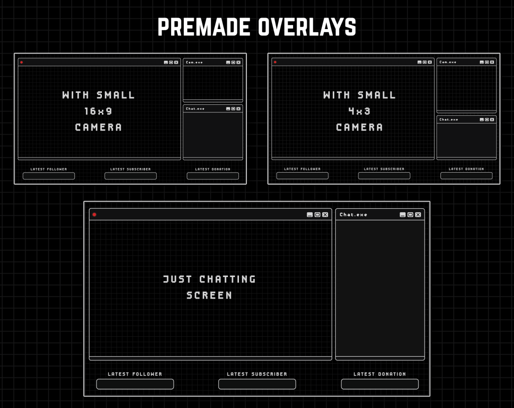 Twitch Overlay Package in dark colors with Retro Computer style