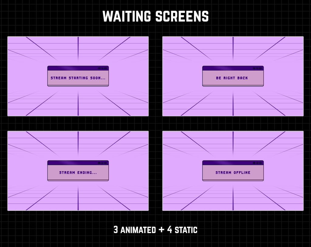Twitch Overlay Package in purple colors with Retro Computer style