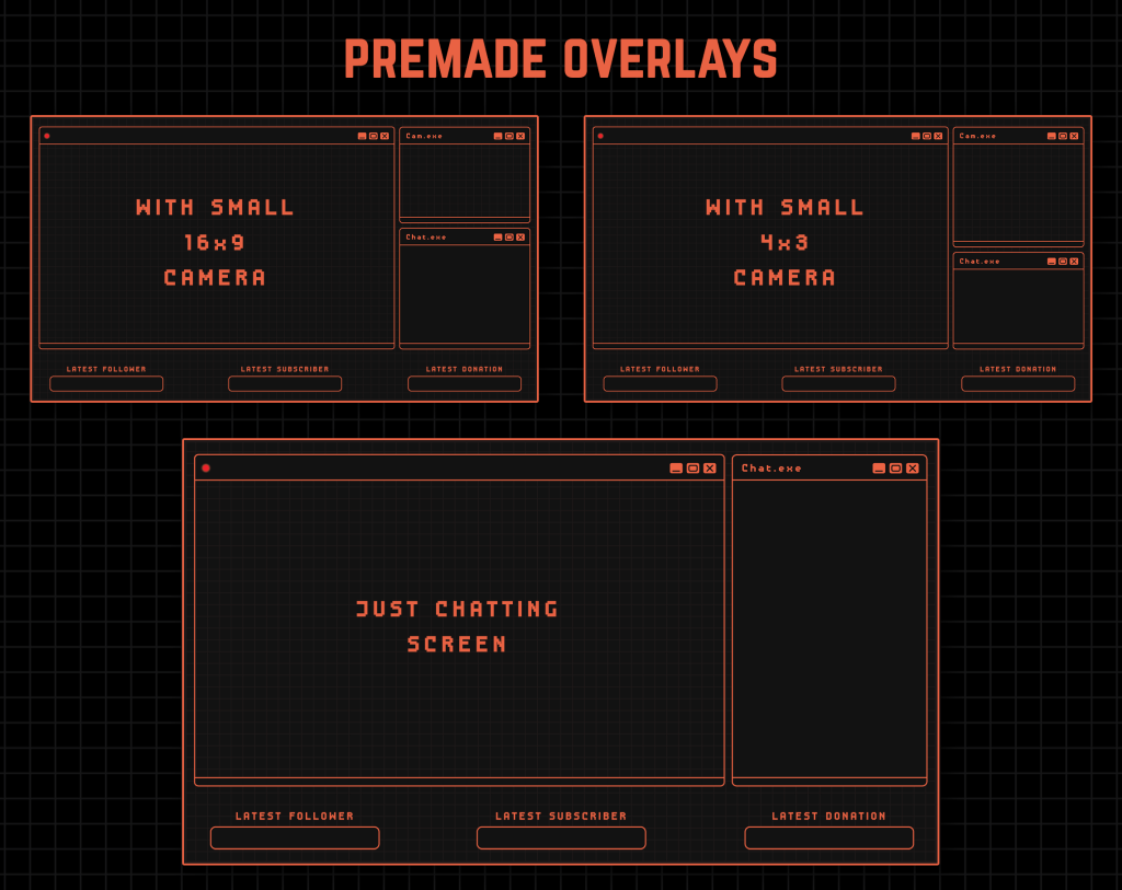 Twitch Overlay Package in Black and Orange colors with Retro Computer style