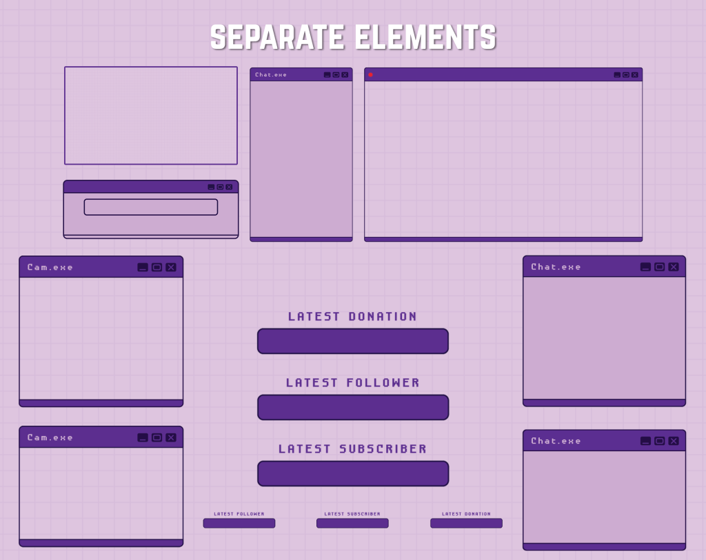Twitch Overlay Package in purple colors with Retro Computer style