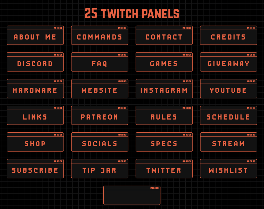 Twitch Overlay Package in Black and Orange colors with Retro Computer style