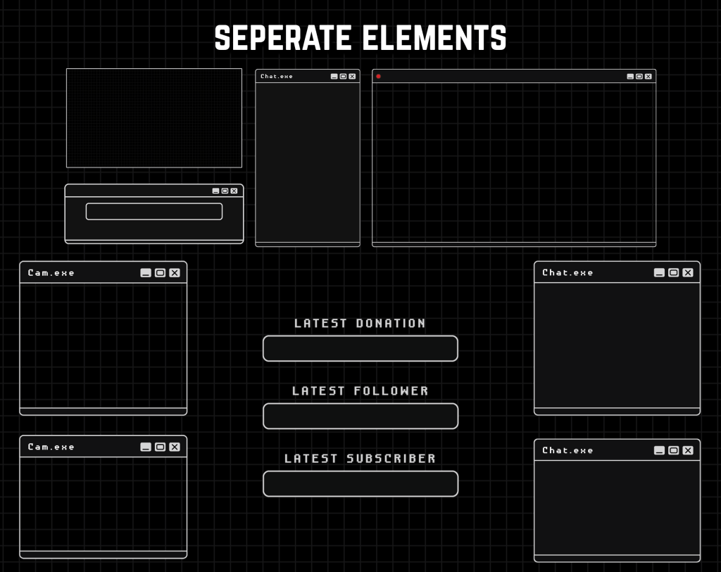 Twitch Overlay Package in dark colors with Retro Computer style