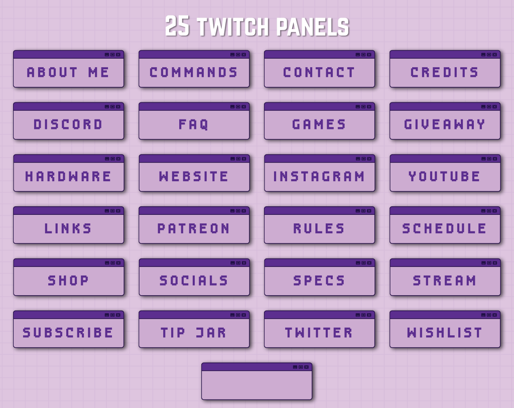 Twitch Overlay Package in purple colors with Retro Computer style