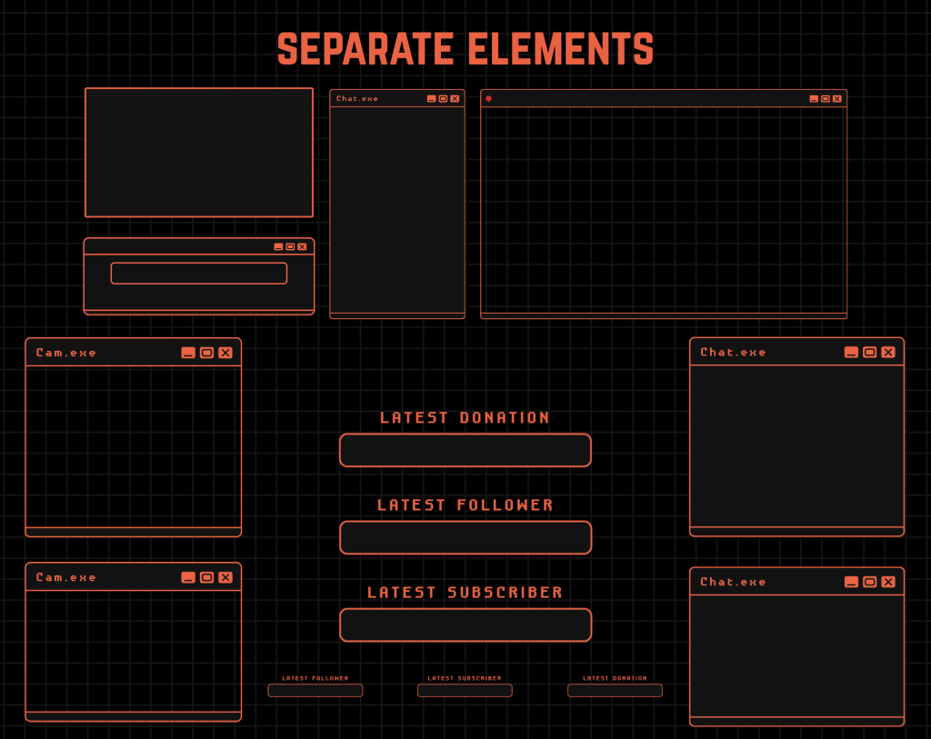 Twitch Overlay Package in Black and Orange colors with Retro Computer style
