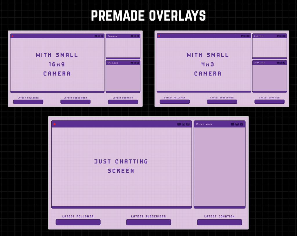 Twitch Overlay Package in purple colors with Retro Computer style