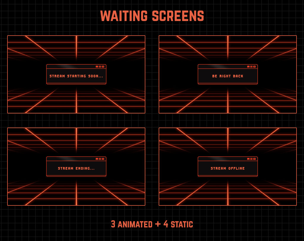 Twitch Overlay Package in Black and Orange colors with Retro Computer style
