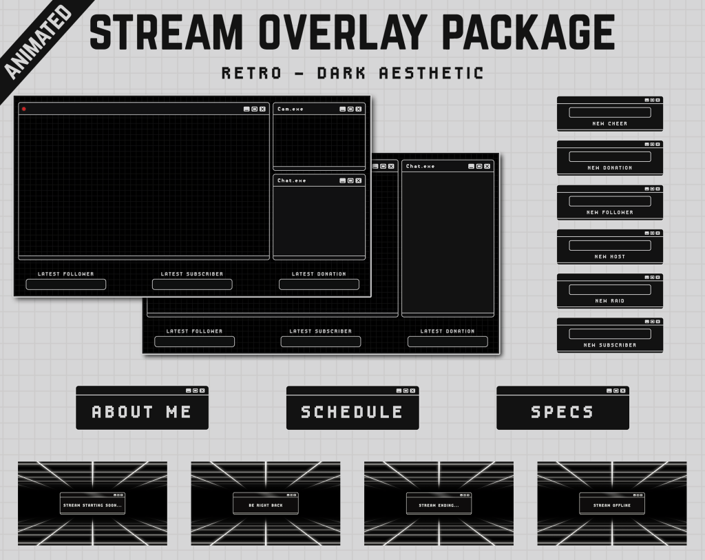 Twitch Overlay Package in dark colors with Retro Computer style