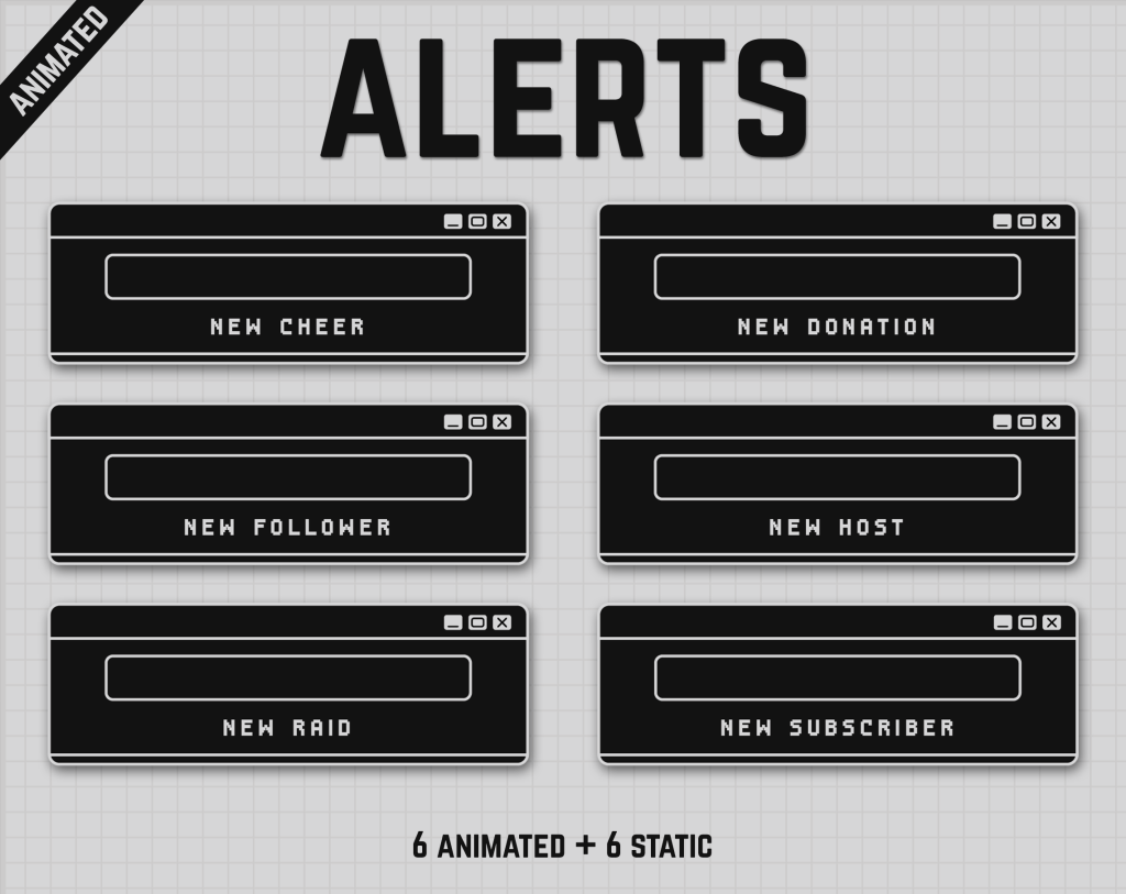 dark Twitch Stream Alerts in retro computer style