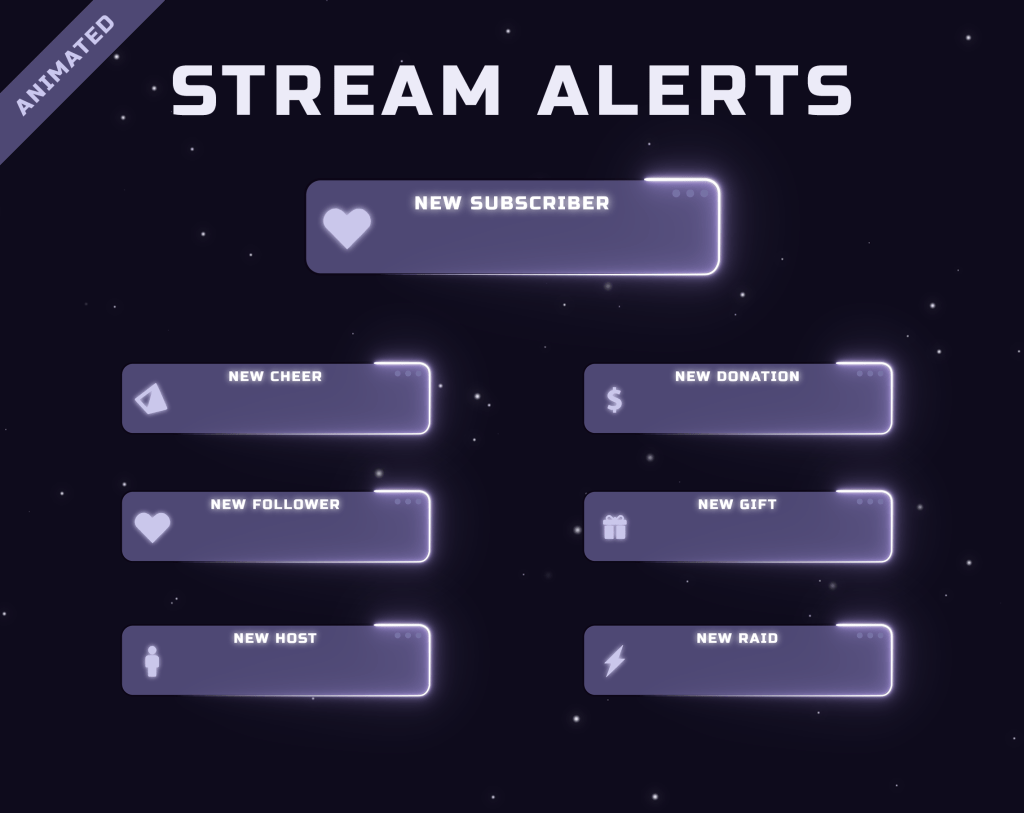Twitch Stream Alerts in purple Lofi Style