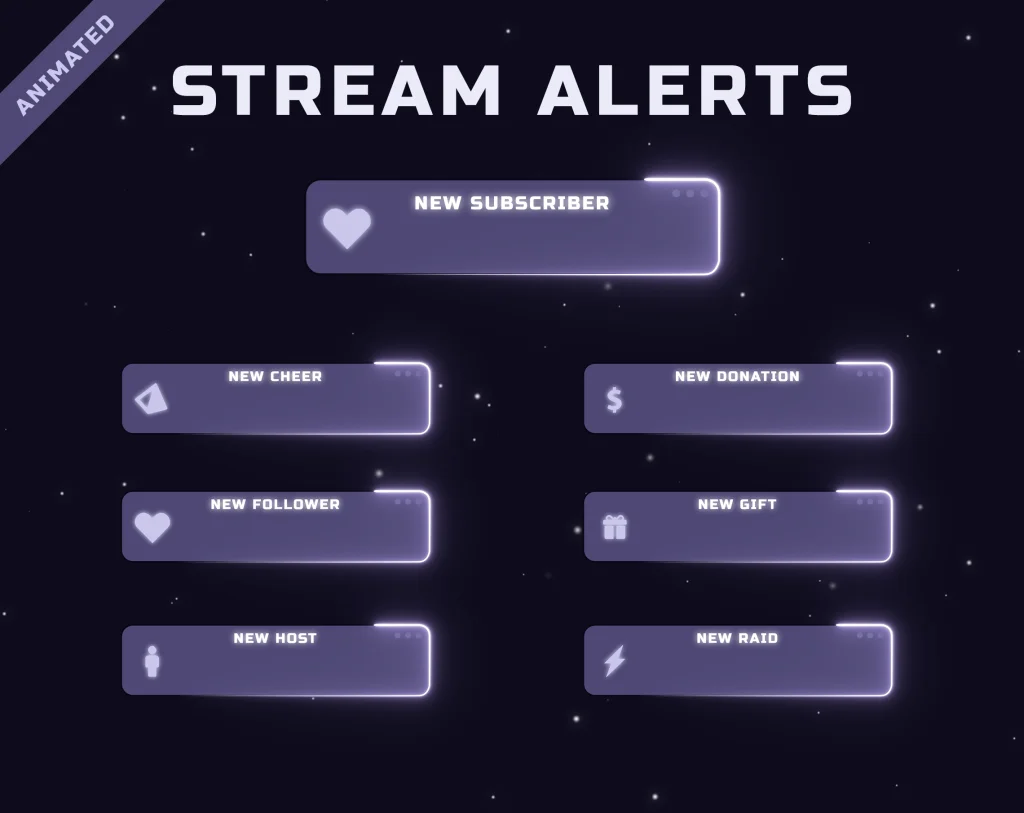 Twitch Stream Alerts in purple Lofi Style