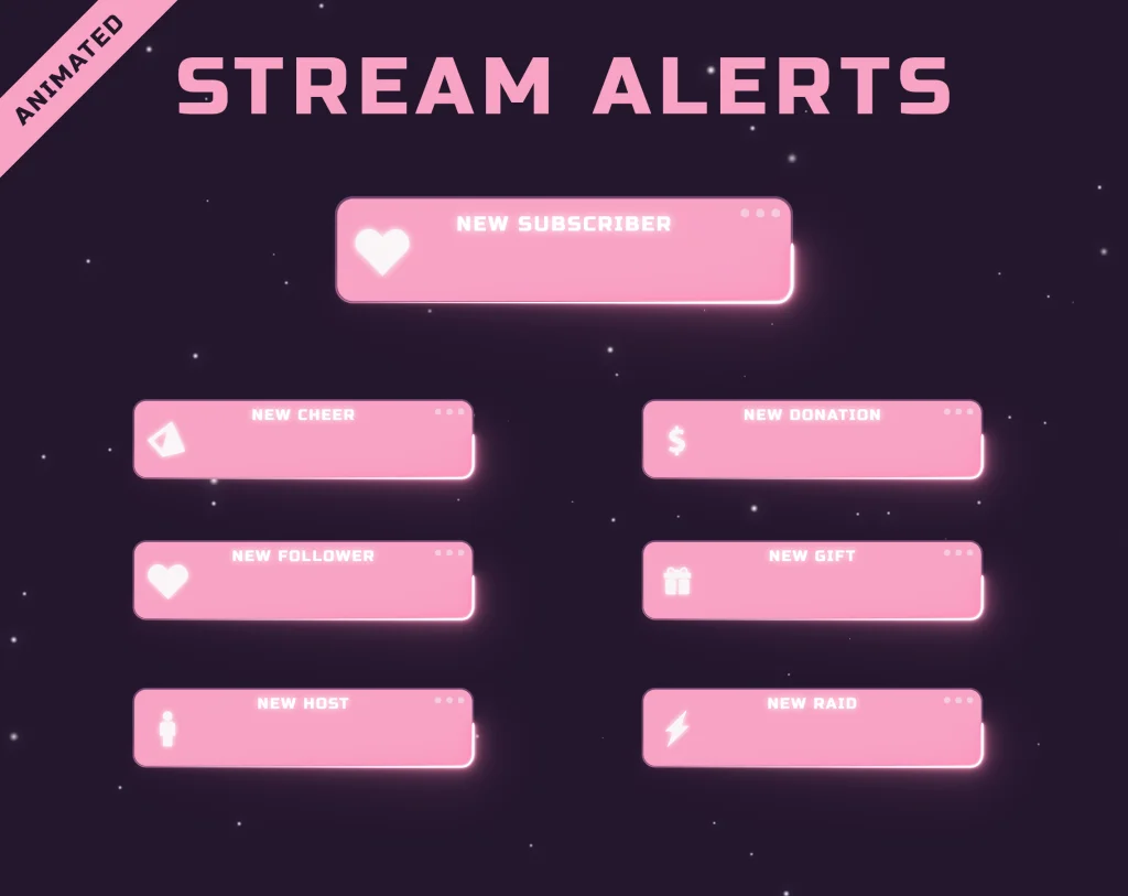 Twitch Stream Alerts in pink Lofi Style