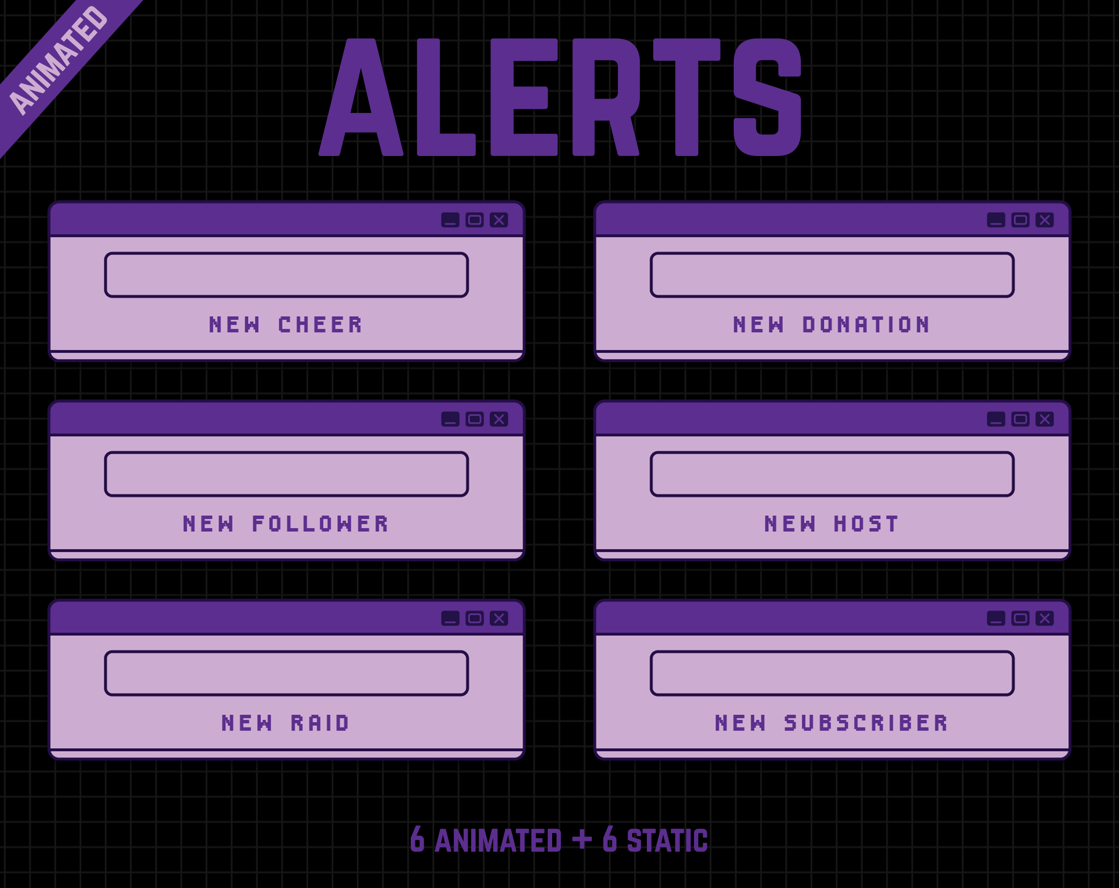 Purple Twitch Stream Alerts in retro computer style