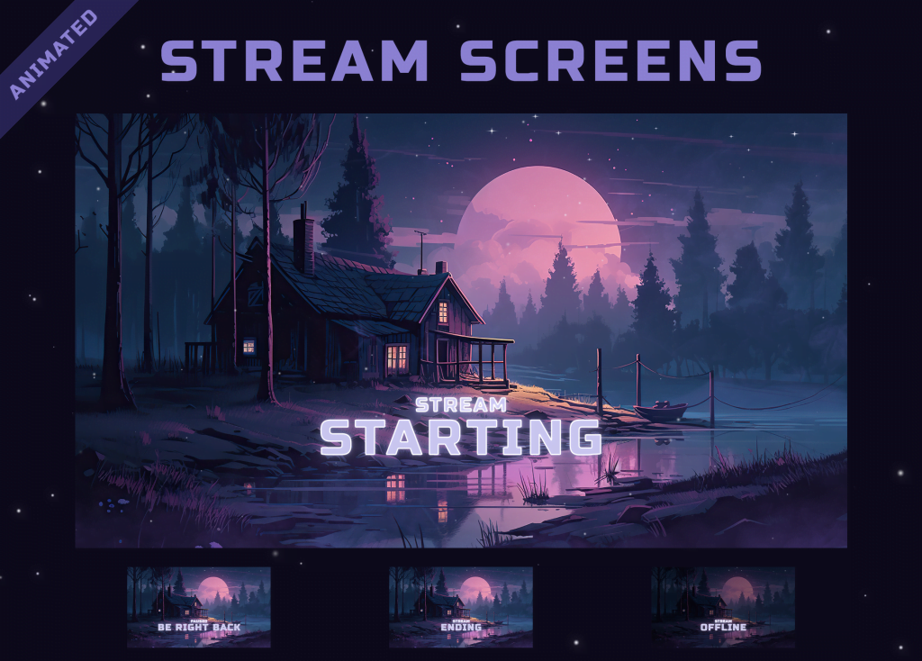 Animated stream intermission screens in purple lofi style