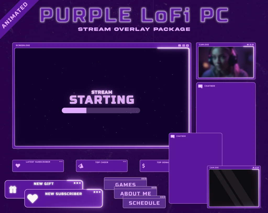 Purple LoFi Computer - Purple Twitch Overlay Package